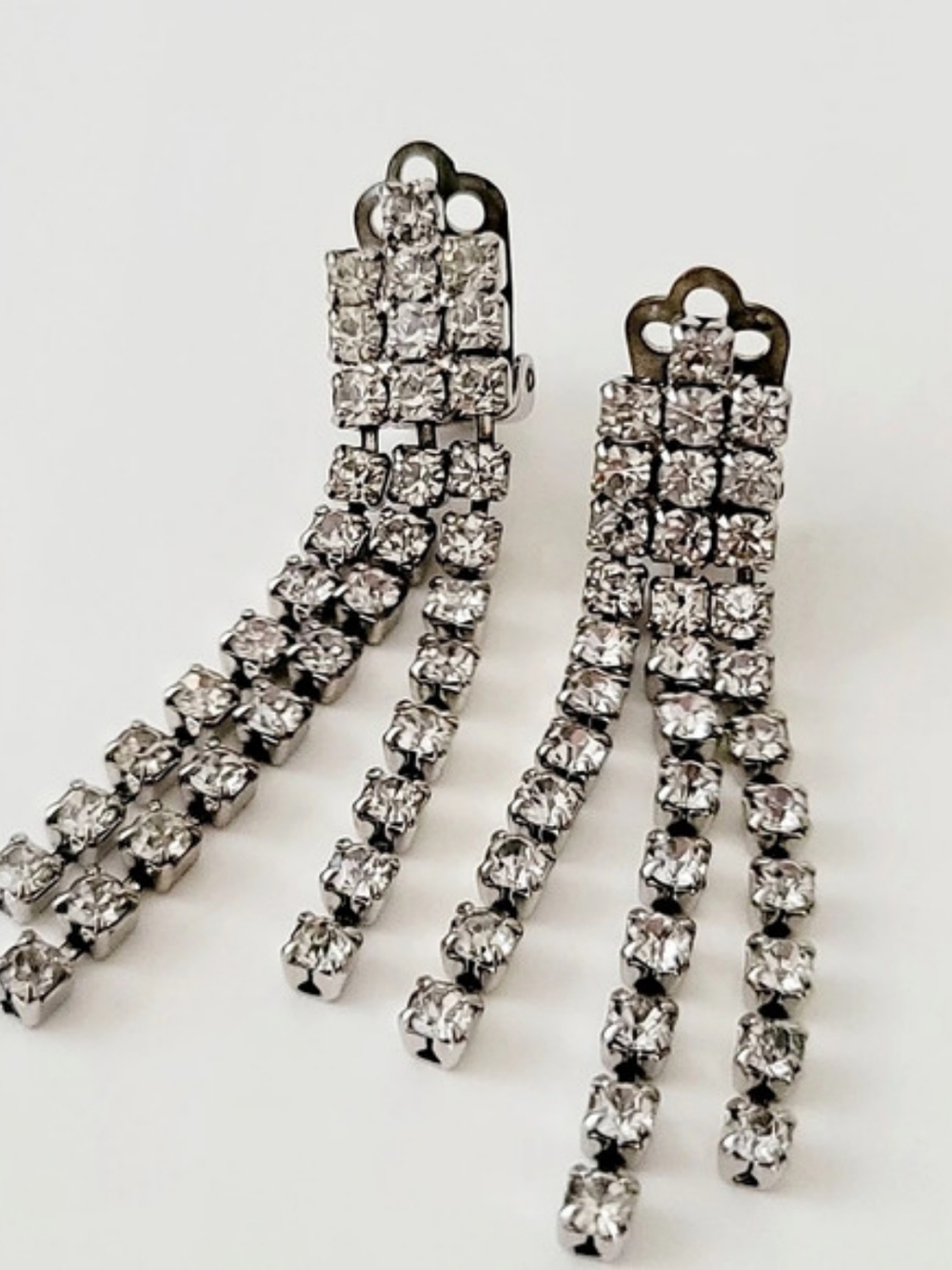 Silver-Tone Rhinestone Drop Earrings Clip On